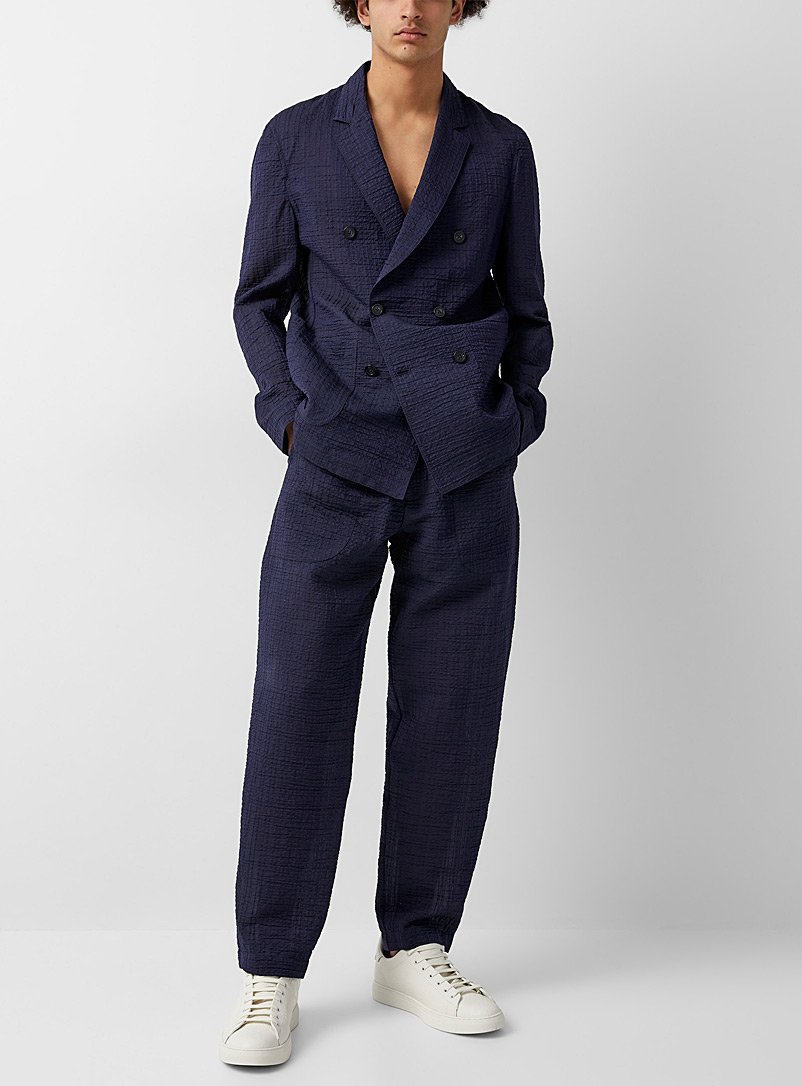 Emporio Armani Marine Blue Seersucker elastic-waist pant for men