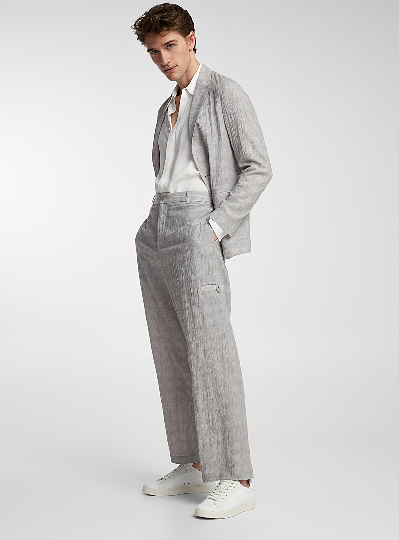 Emporio Armani Grey Lightweight plaid crinkle pant for men