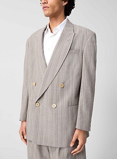 Emporio Armani Ivory/Cream Beige Textured virgin wool double-breasted blazer for men