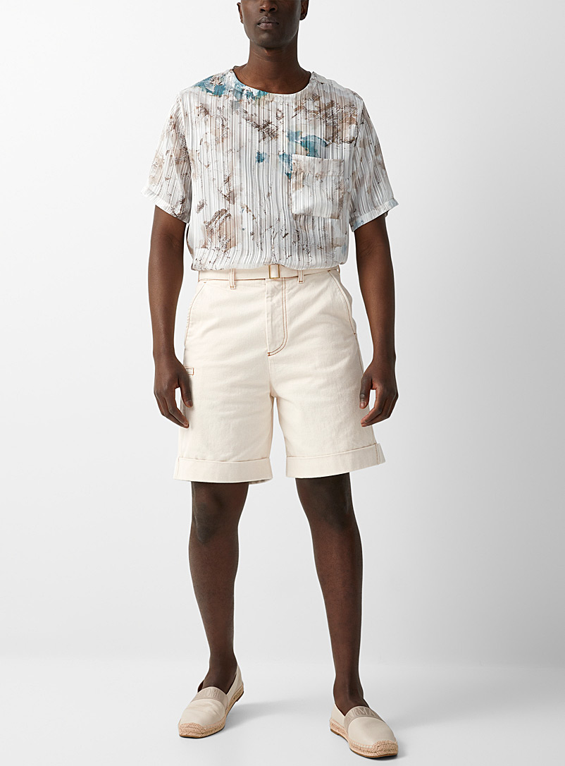 Emporio Armani White Structured denim belted Bermuda shorts for men