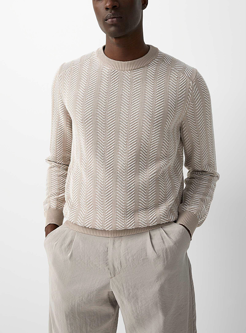 Emporio Armani Cream Beige Textured herringbone sweater for men