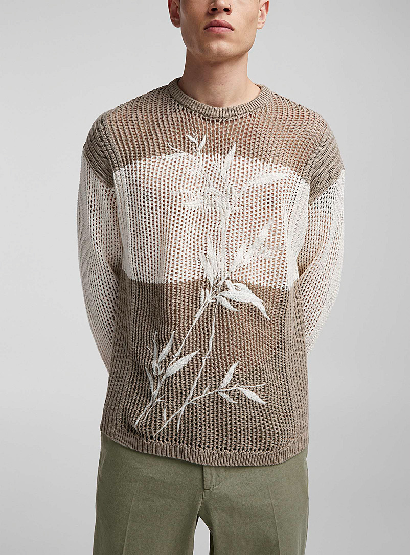 Emporio Armani Ivory/Cream Beige Embroidered twig colour blocks sweater for men