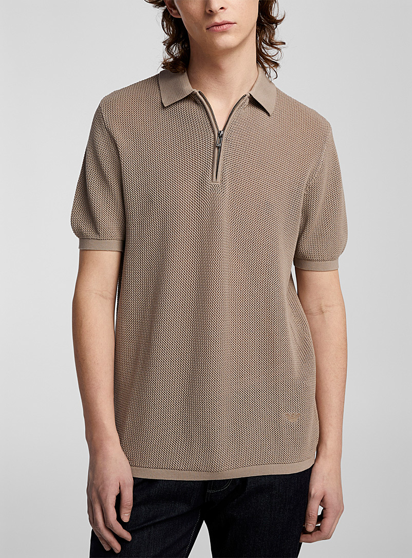 Emporio Armani Ivory/Cream Beige Openwork fabric zippered polo shirt for men