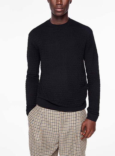 Emporio Armani: Le chandail pure laine vierge logo jacquard textur&eacute; Noir pour homme