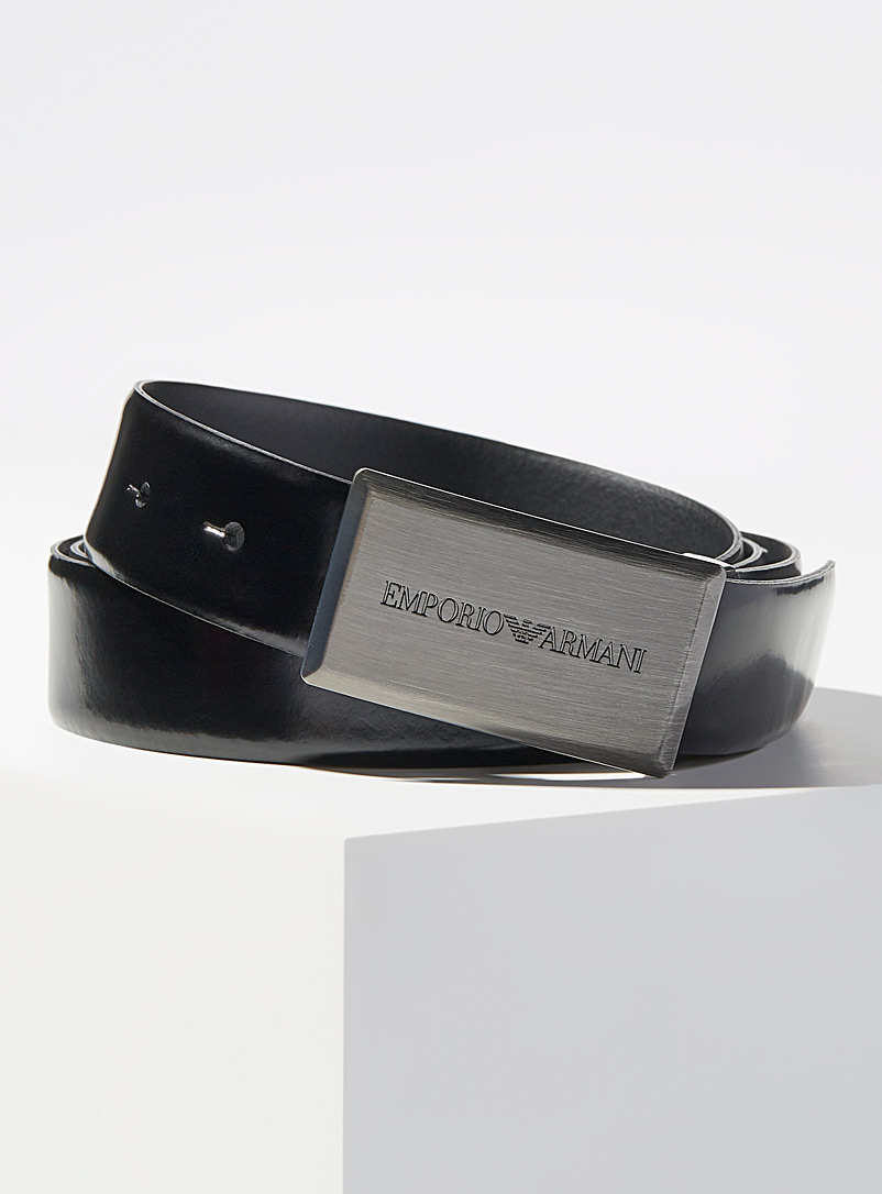 Emporio Armani Black Brushed chrome signature buckle belt for men
