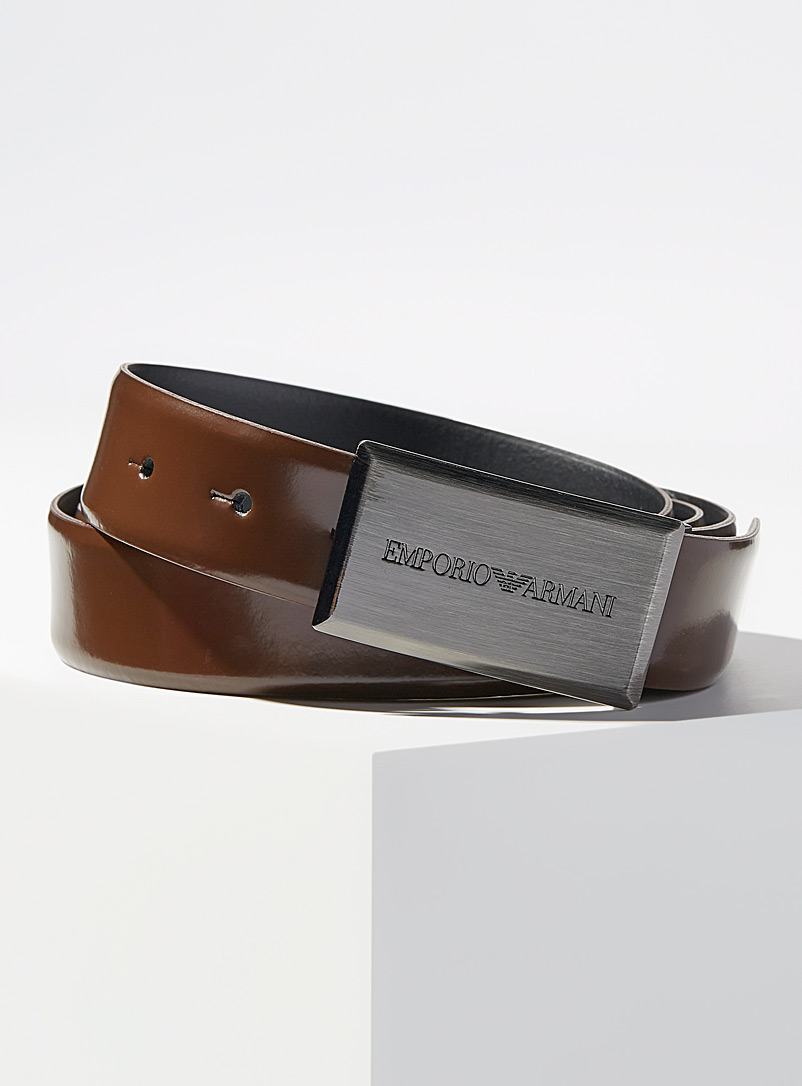 Emporio Armani Brown Brushed chrome signature buckle belt for men