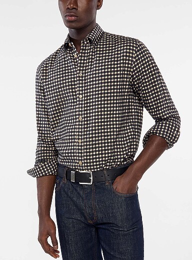 Emporio Armani: La chemise en flanelle &agrave; carreaux vichy Beige &agrave; motif pour homme
