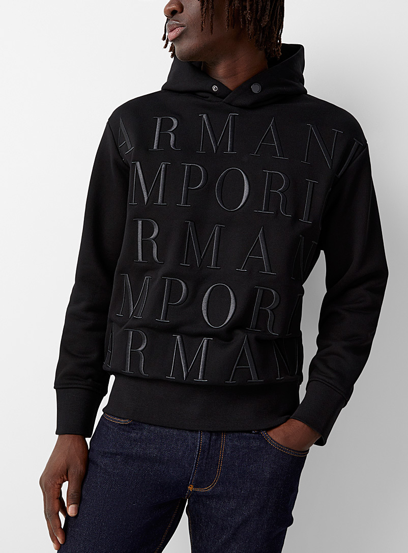 Emporio Armani Black Embroidered mega signature hoodie for men