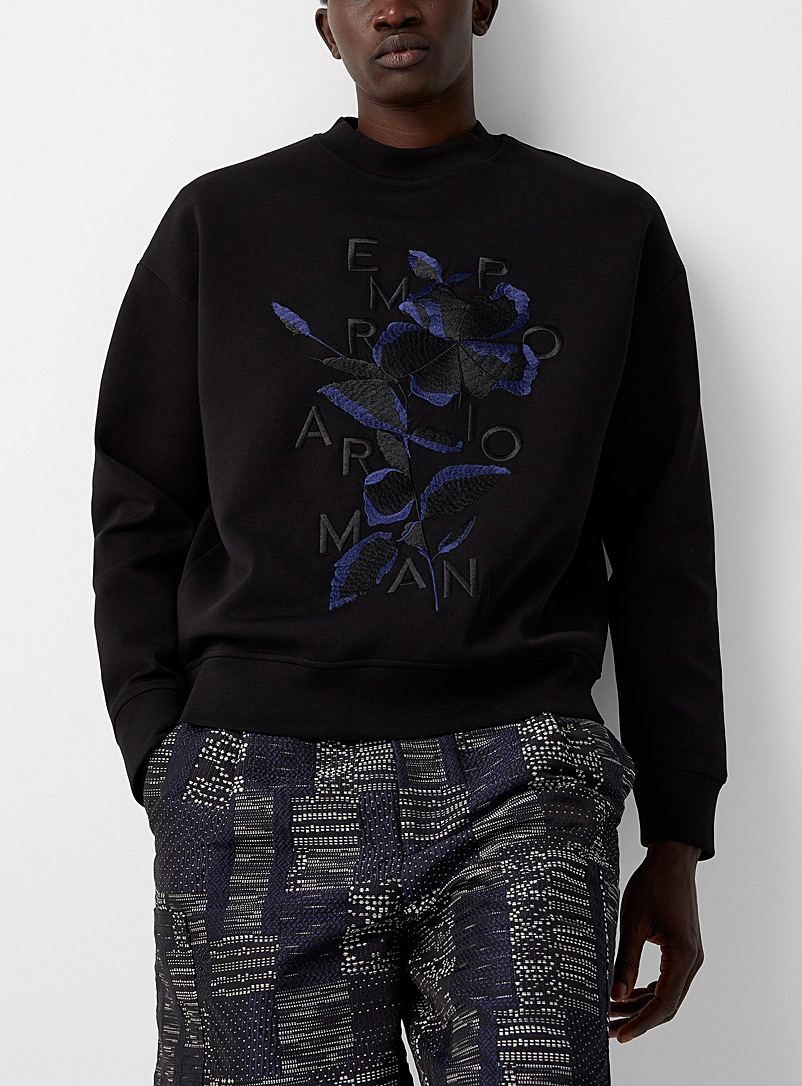 Emporio Armani Black Embroidered flower sweatshirt for men