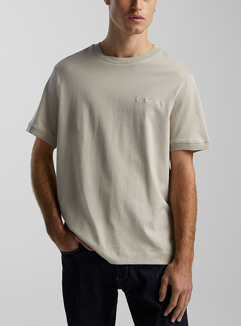 Emporio Armani Cream Beige Ribbed collar signature T-shirt for men