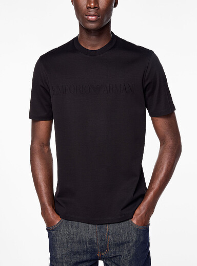 Emporio Armani: Le t-shirt logo jacquard ton sur ton Noir pour homme