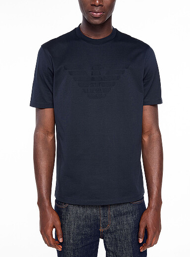 Emporio Armani: Le t-shirt aigle jacquard ton sur ton Bleu marine - Bleu nuit pour homme