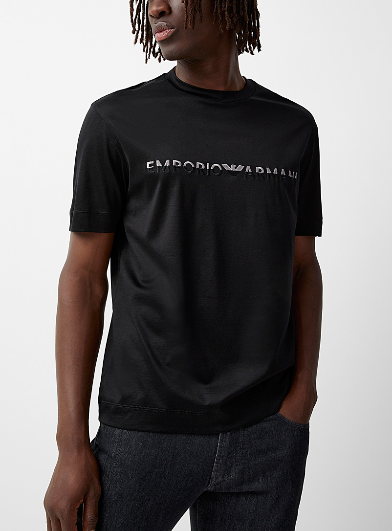 Emporio Armani Black Two-tone embroidered signature T-shirt for men
