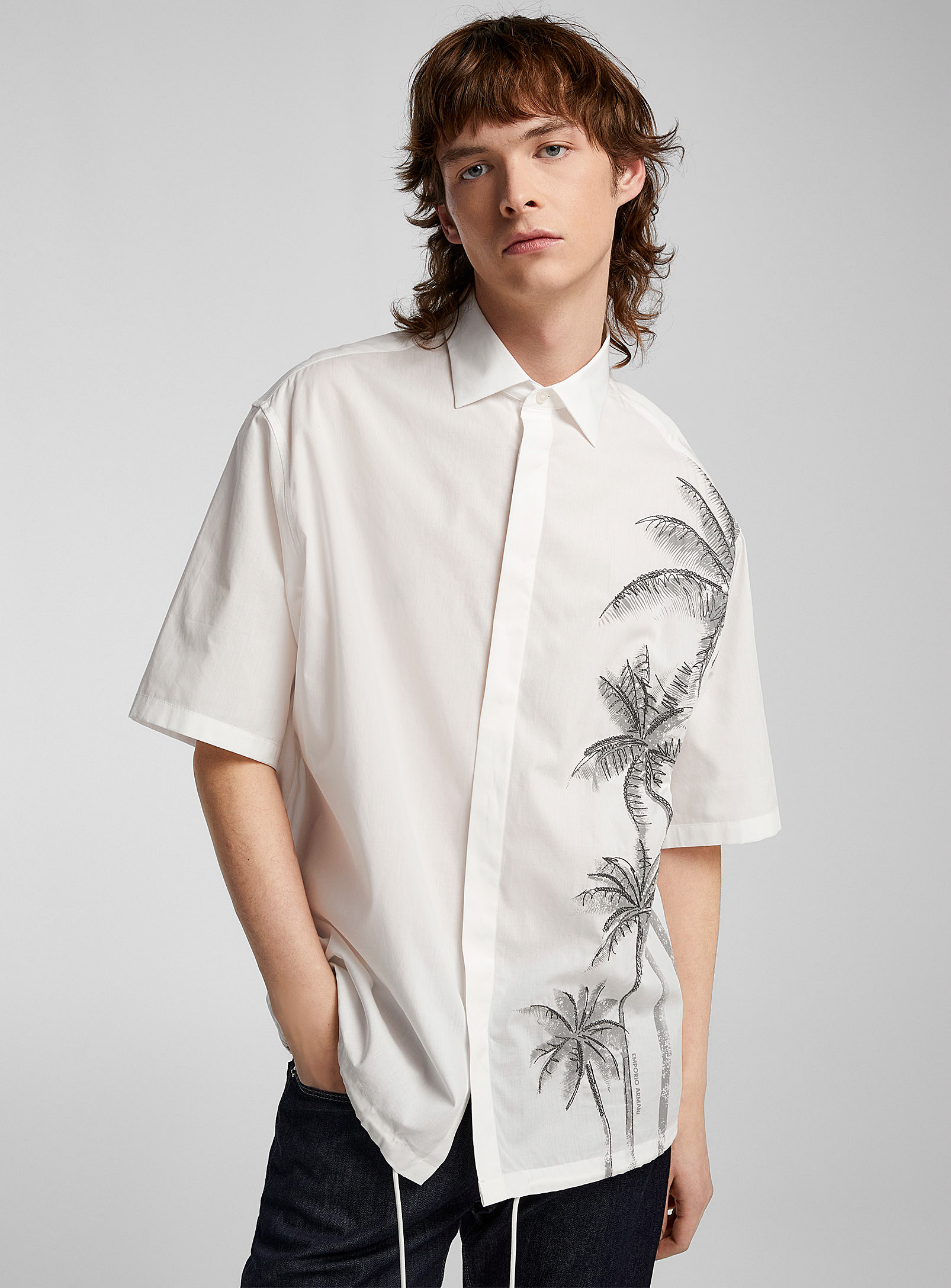 Emporio Armani Embroidered Palm Trees Shirt In White