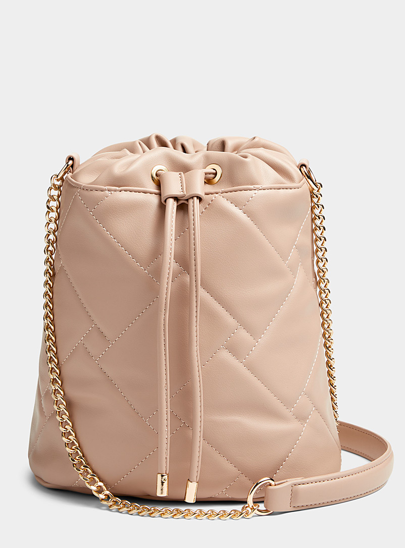 Simons Cream Beige Quilted geometric bucket bag for women