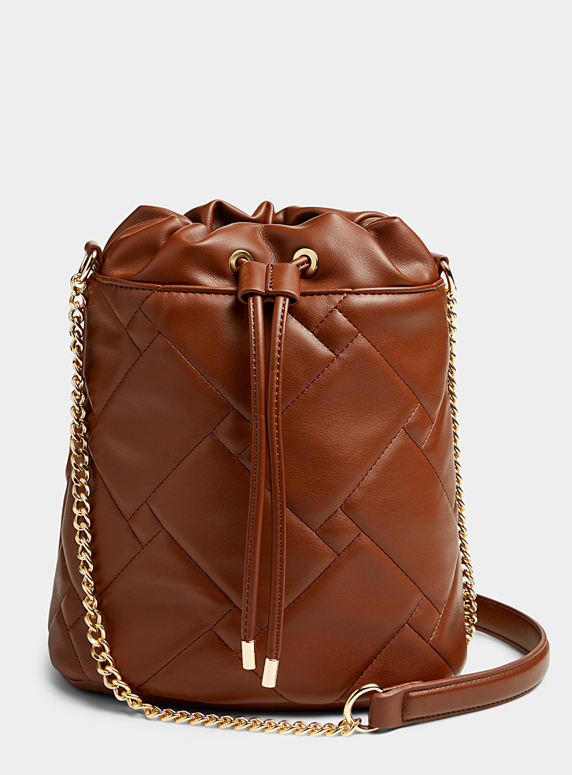 Simons Medium Brown Quilted geometric bucket bag for women