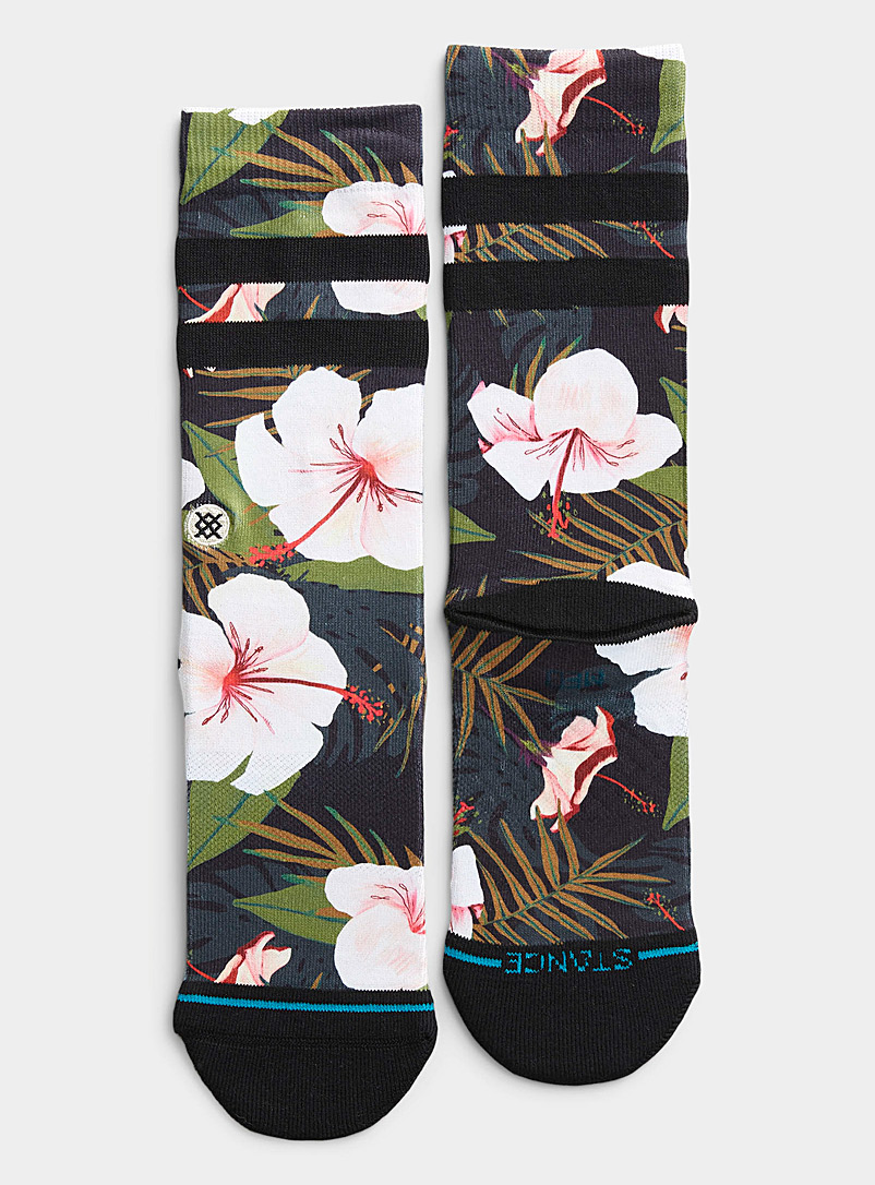 Stance Patterned Black Pink hibiscus socks for women