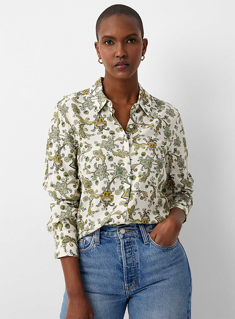 Contemporaine: La chemise fluide jardin luxuriant Kaki chartreuse pour femme