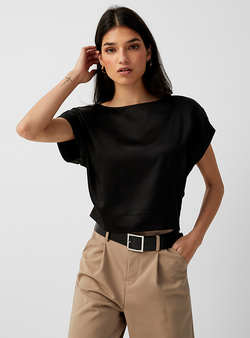 Icône Black Cuffed-sleeve satiny blouse for women