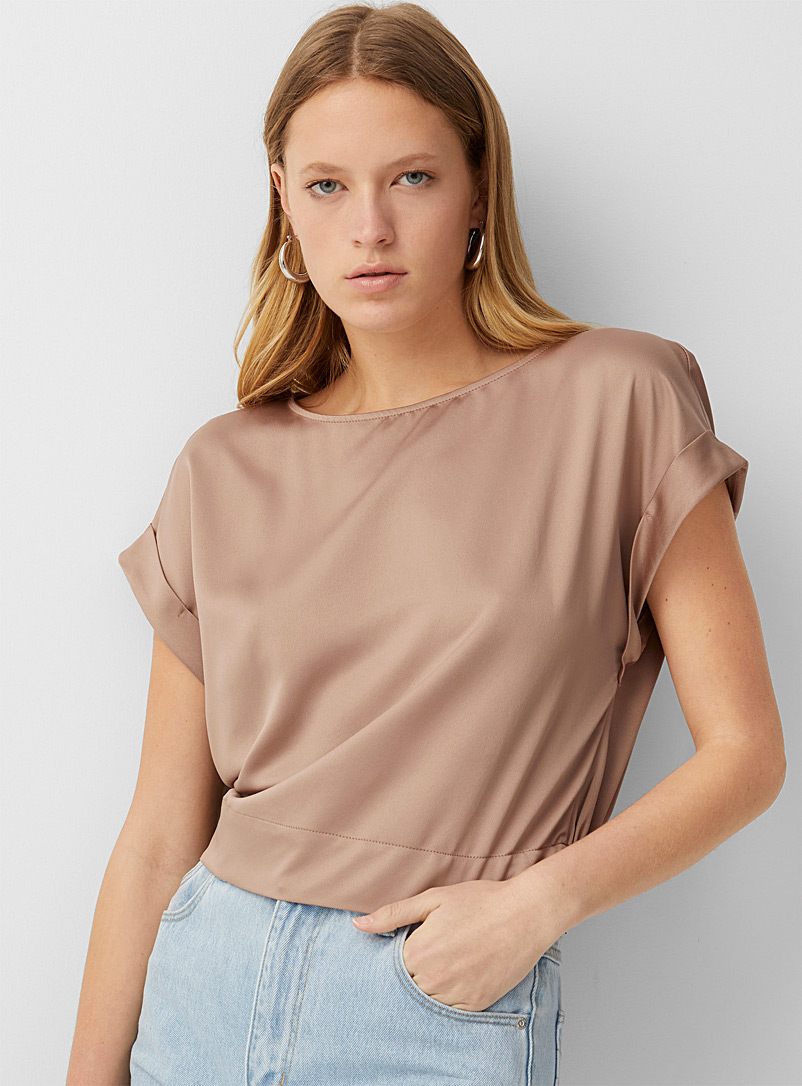 Icône Brown Cuffed-sleeve satiny blouse for women