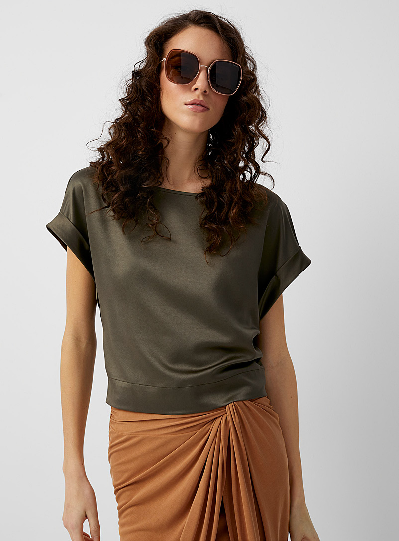 Icône Khaki Cuffed-sleeve satiny blouse for women