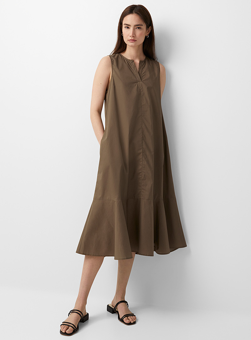 Contemporaine: La robe trapèze col fente fin coton Kaki chartreuse pour femme