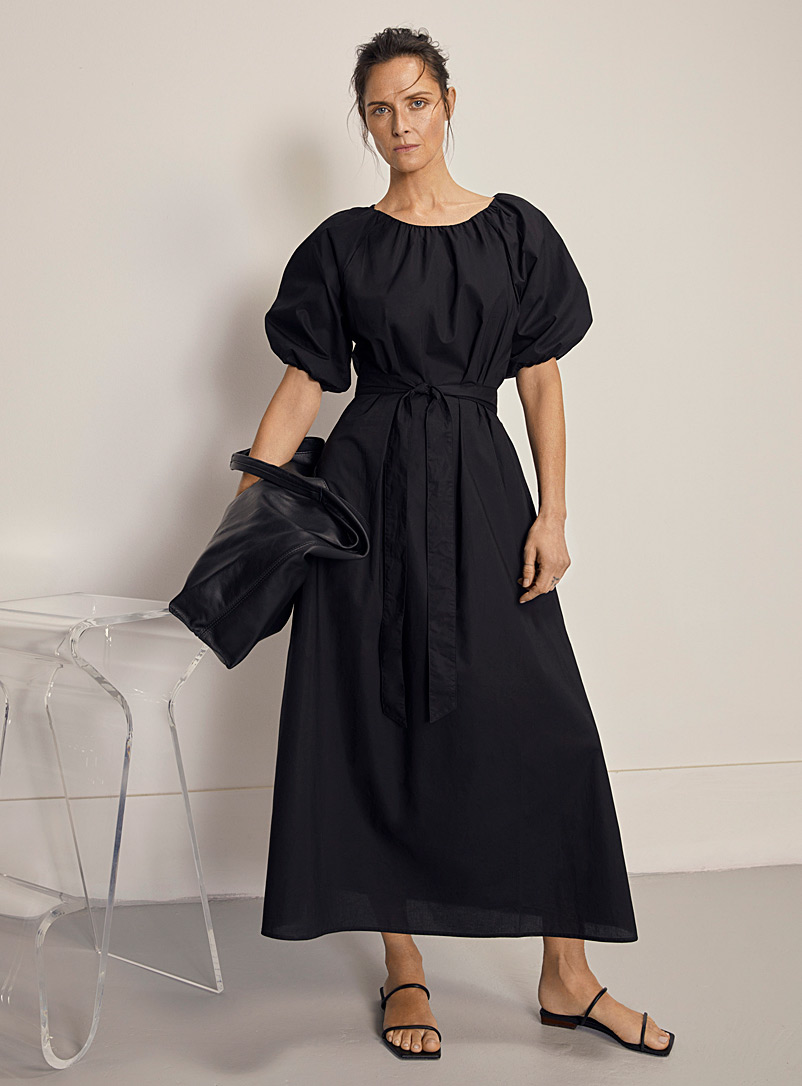 Contemporaine Black Puff-sleeve fine cotton dress for women