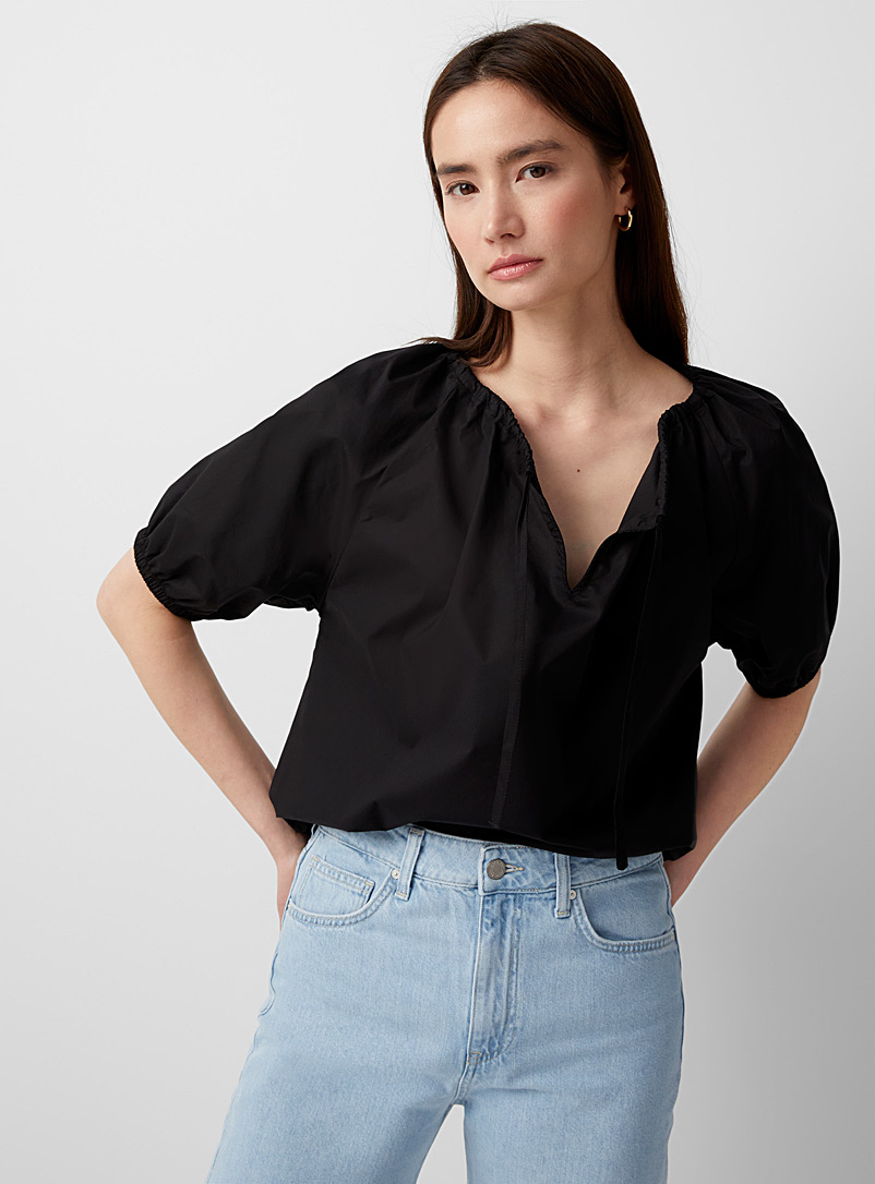 Contemporaine Black Puff-sleeve fine cotton blouse for women
