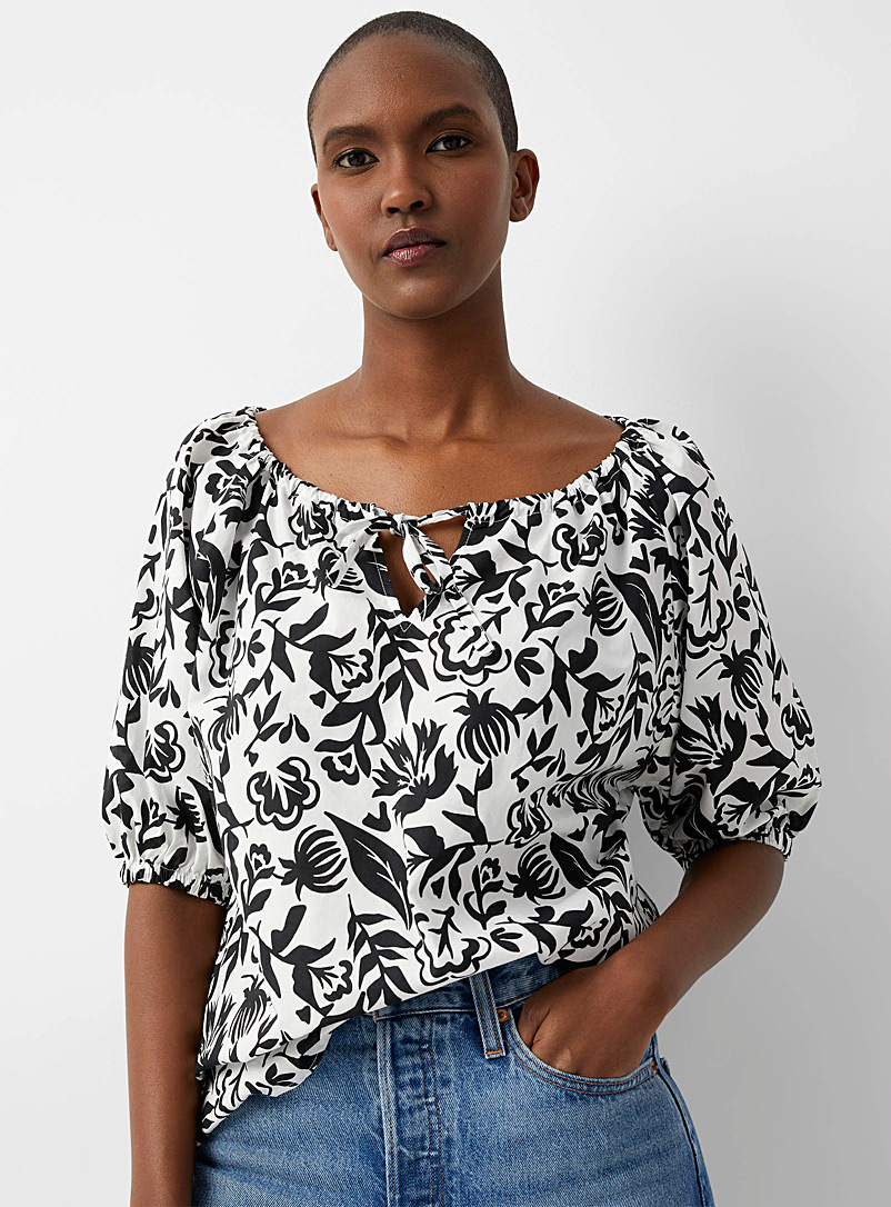 Contemporaine Patterned Ecru Puff-sleeve fine cotton blouse for women