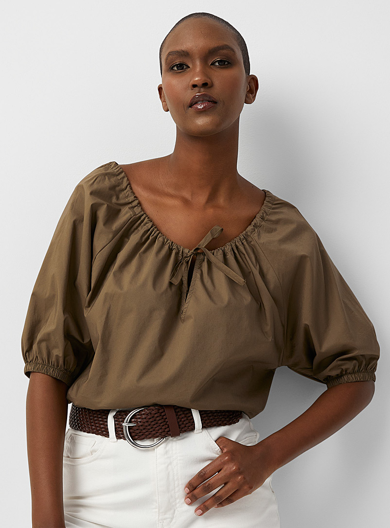 Contemporaine Khaki Puff-sleeve fine cotton blouse for women