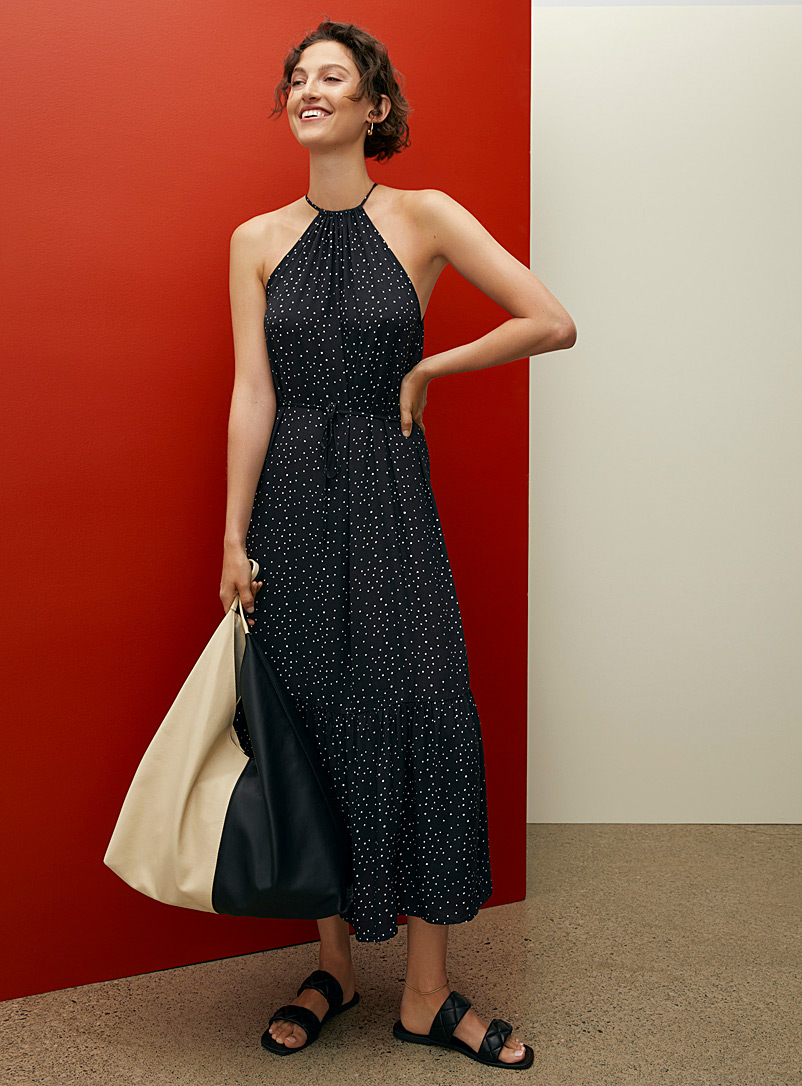 Contemporaine Patterned Black Dotted fluid maxi dress for women