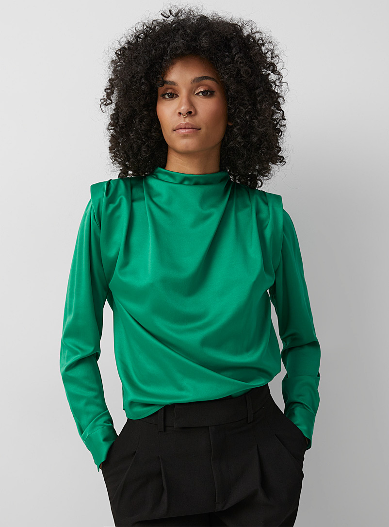 Icône Green Pleated shoulder pads silky blouse for women