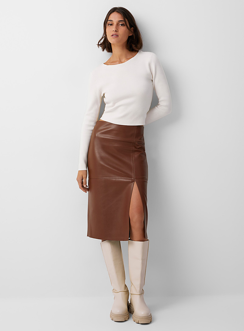 Icône: La jupe effet cuir fente latérale Brun pour femme