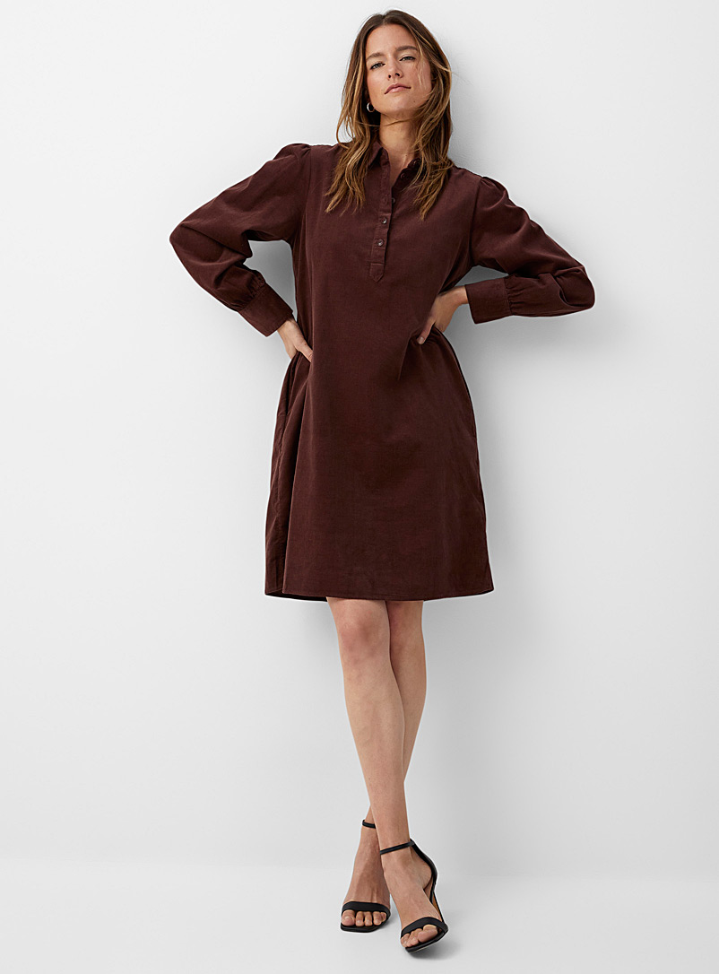 Contemporaine Dark Brown Fine corduroy shirt collar dress for women