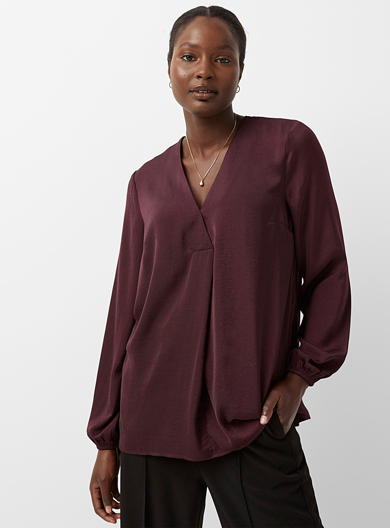 Contemporaine Cherry Red Hammered satin V-neck blouse for women