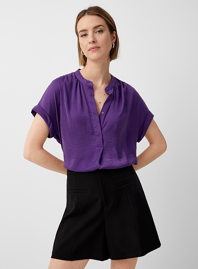 Contemporaine Purple Hammered satin cuffed cap-sleeve blouse for women