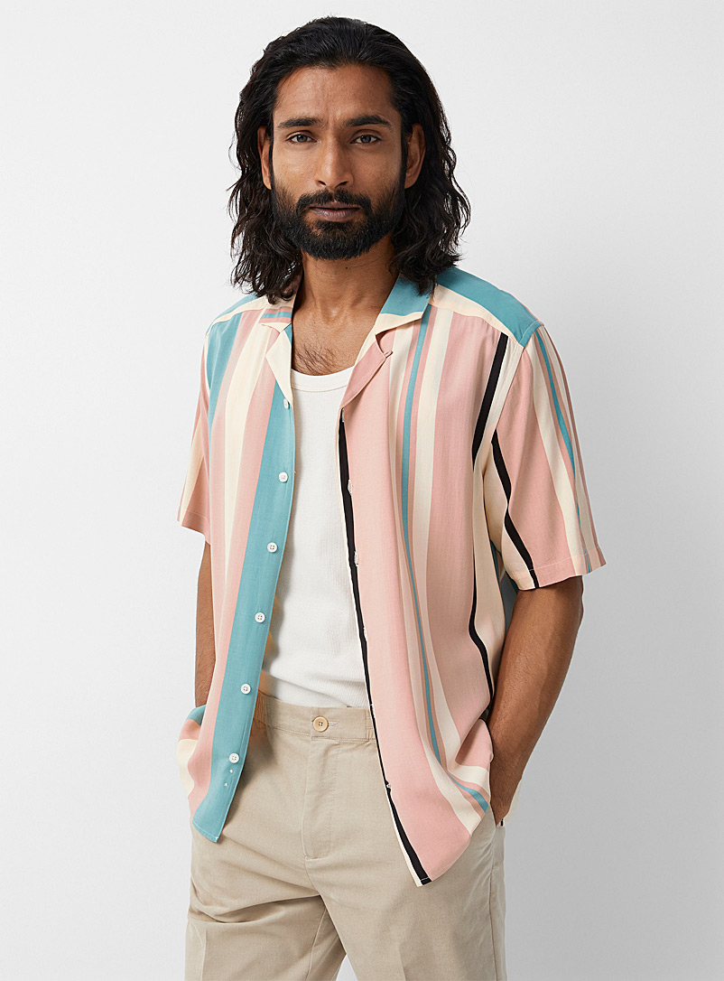 Le 31 Patterned White Vertical stripe camp shirt Comfort fit for men