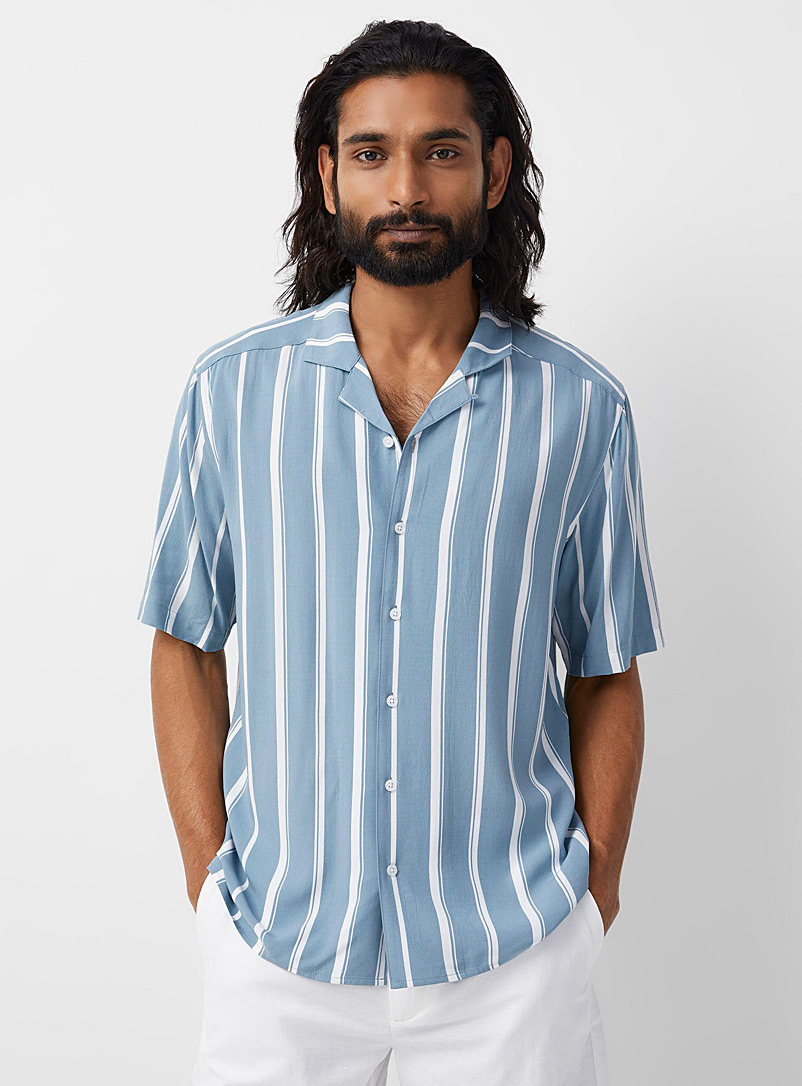 Le 31 Dark Blue Vertical stripe camp shirt Comfort fit for men