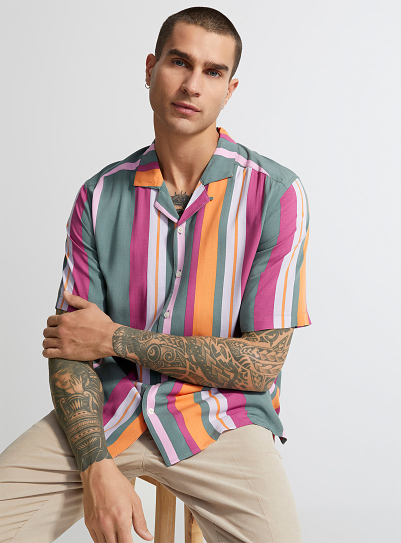 Le 31 Assorted Vertical stripe camp shirt Comfort fit for men