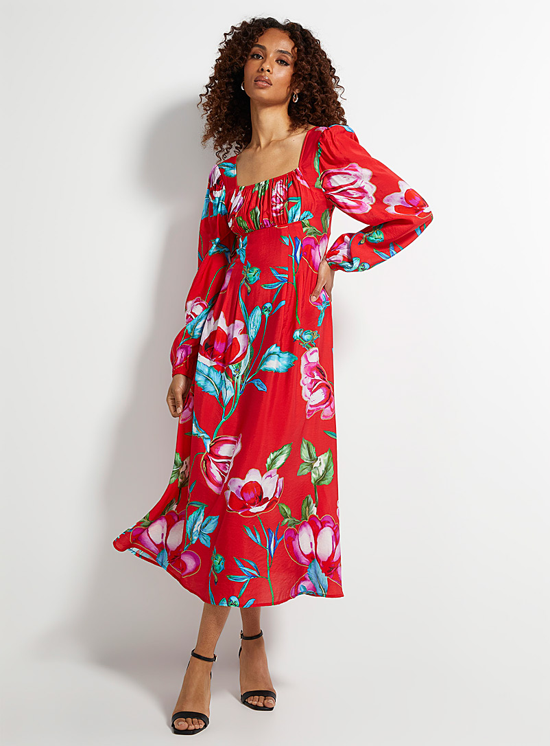 Icône Red Large flowers long red dress for women