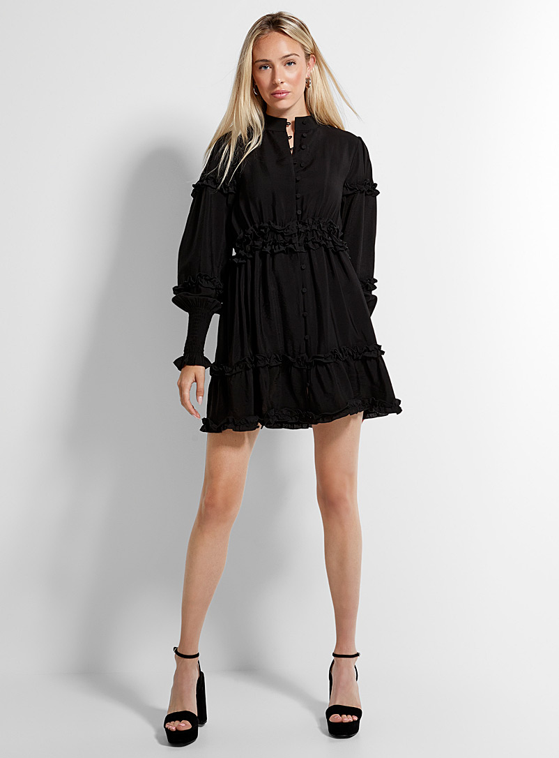 Icône Black Ruffled edging crew-neck dress for women
