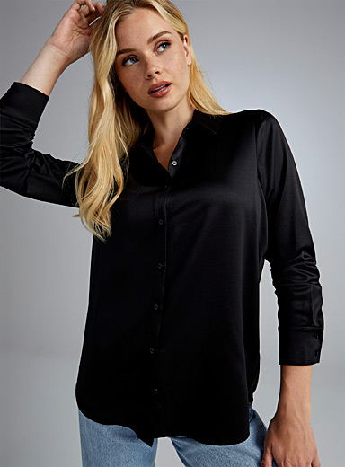 Twik Black Oversized silky satin shirt for women