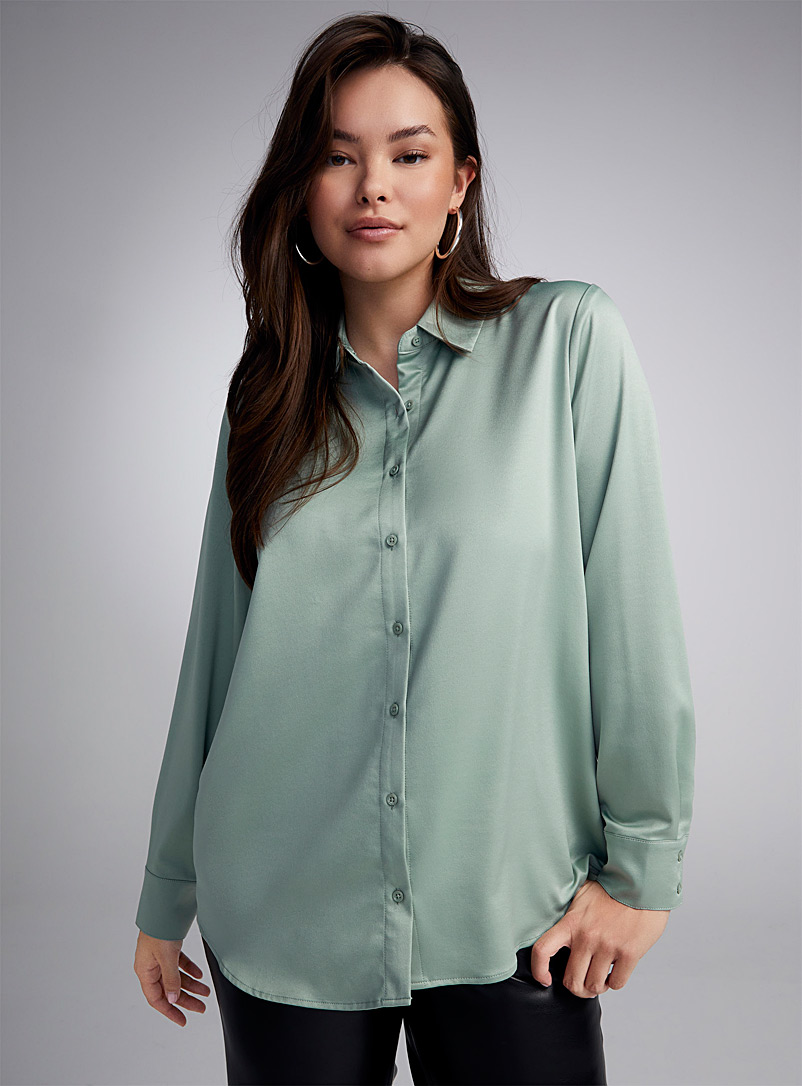 Twik Mossy Green Oversized silky satin shirt for women