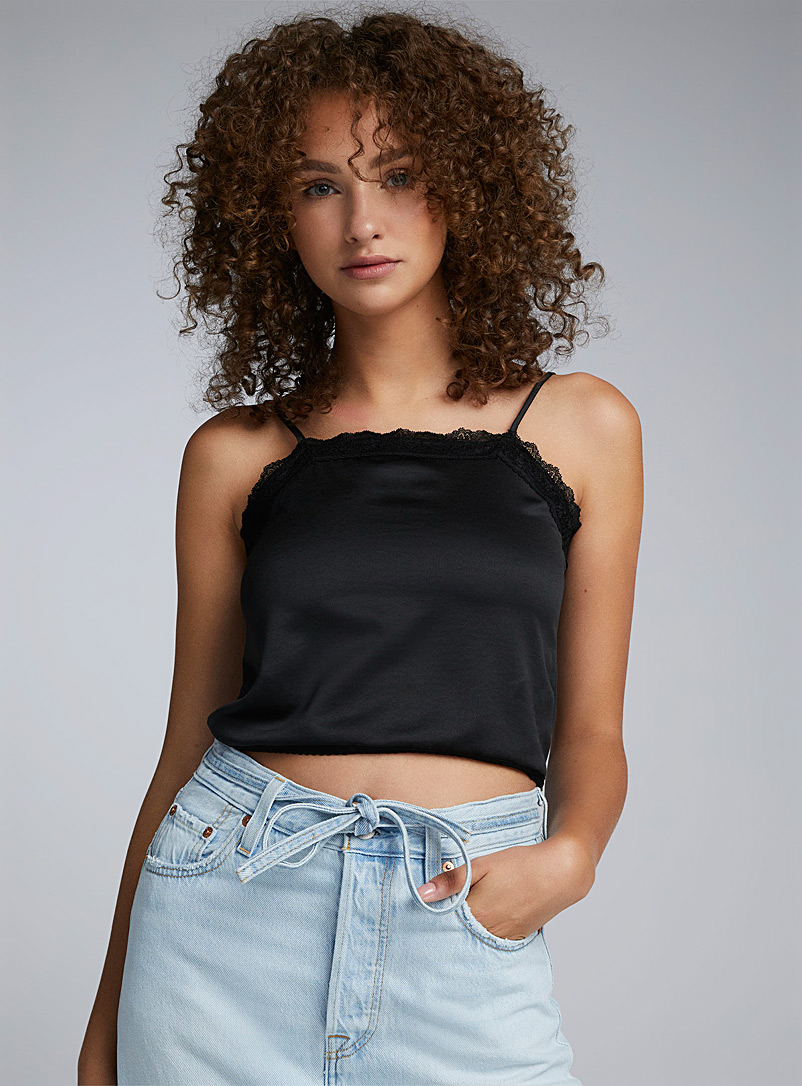 Twik Black Satin and lace cropped cami for women
