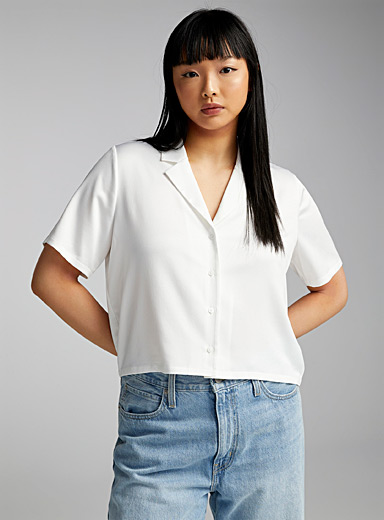 Twik White Satiny open-collar boxy-fit shirt for women