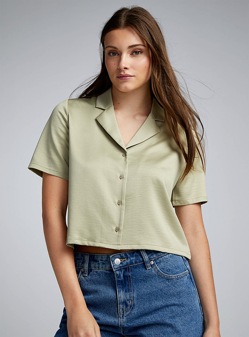 Twik Mossy Green Satiny open-collar boxy-fit shirt for women