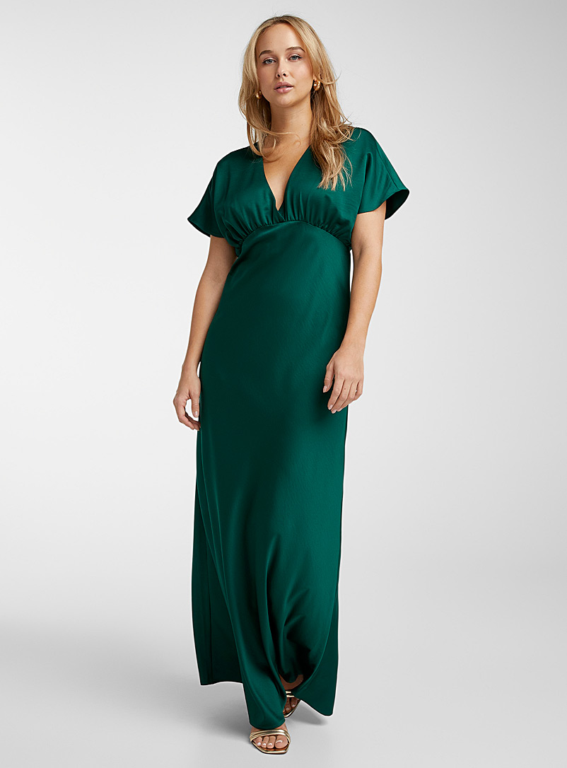 Icône Mossy Green Cap-sleeve long satiny dress for women