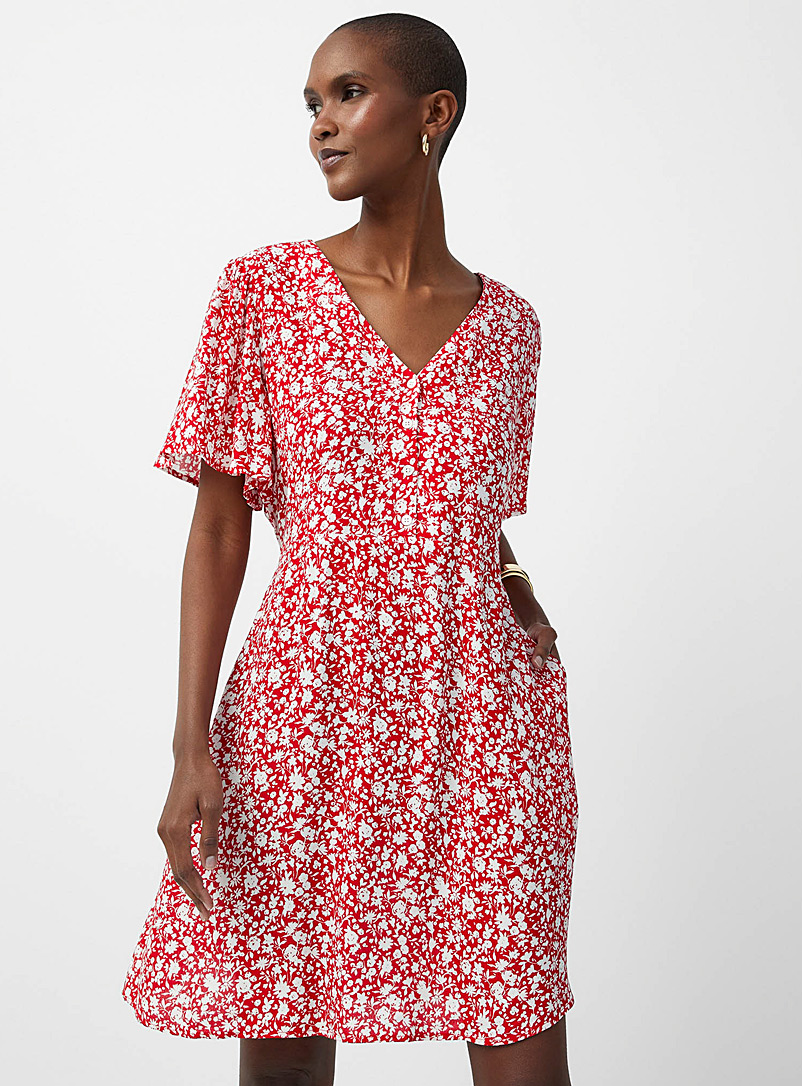 Contemporaine Patterned Red Buttoned-collar printed flowy dress for women