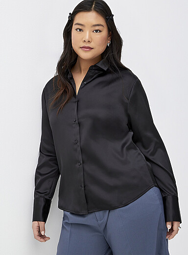 Twik Black Fitted satin shirt for women