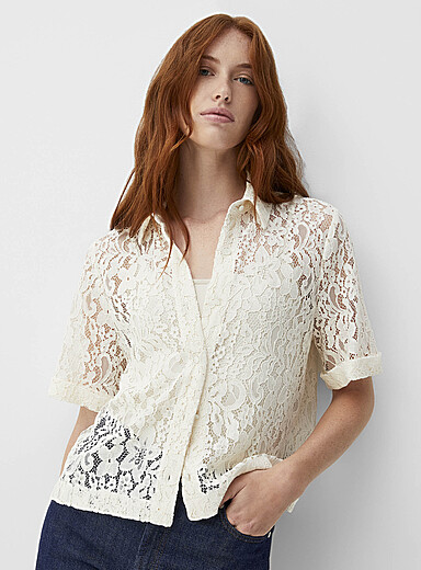 Contemporaine: La chemise carr&eacute;e dentelle florale Ivoire - Beige cr&egrave;me pour femme